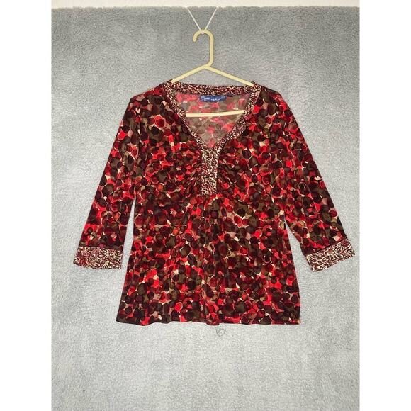 Susan Graver red quarter sleeve geometric blouse gathered career professional M - Picture 1 of 9